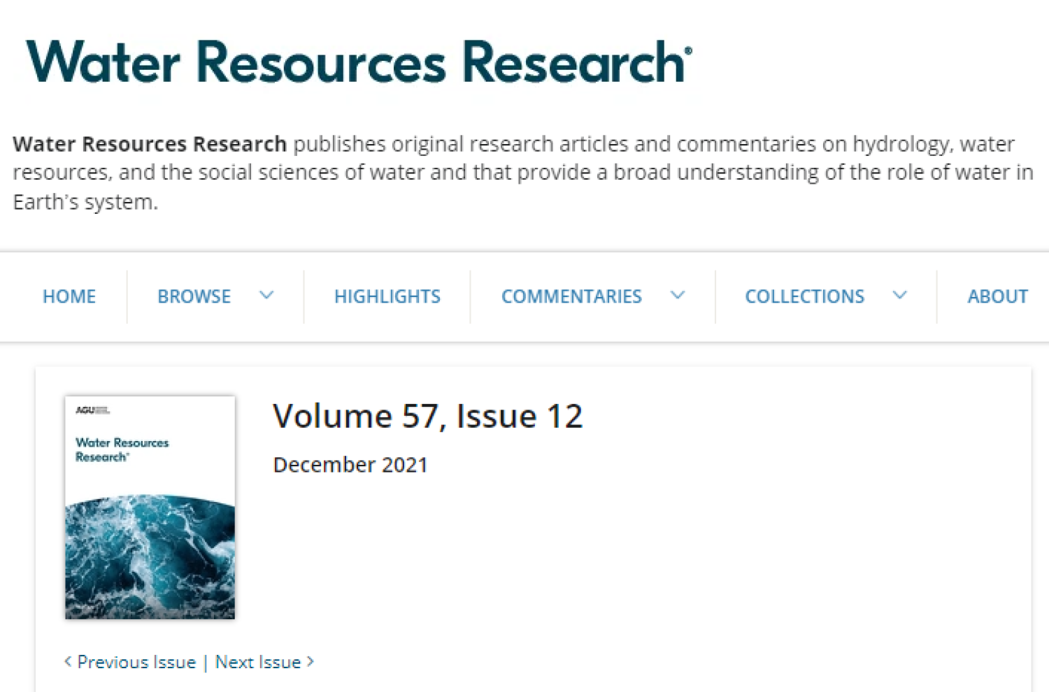 Water Reserces Research volume 57, issue 12, December 2021