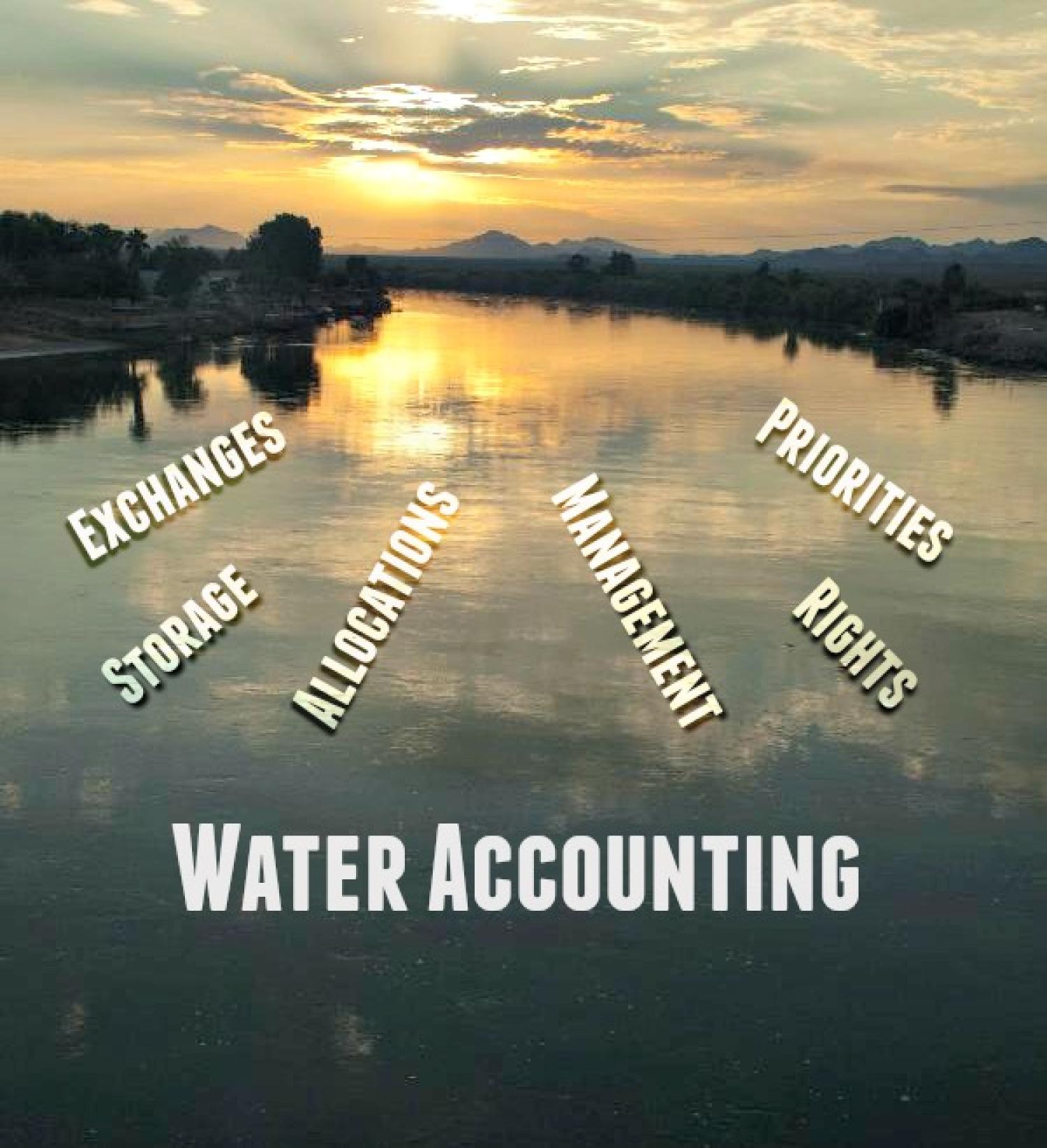 Colorado River near Blythe, California. Text says water accounting, exchanges, storage, allocations, management, rights, priorities.