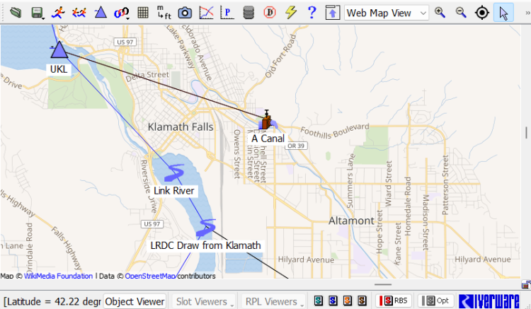 RiverWare workspace opened to WebMap View