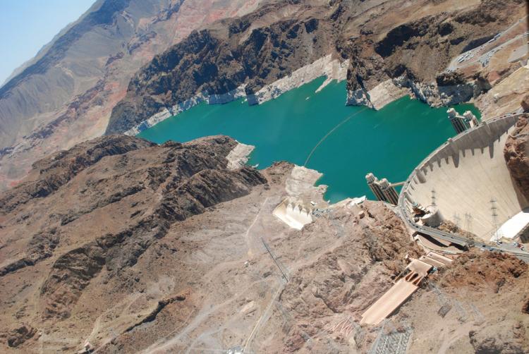 aerial view of lake mead and hoover dam