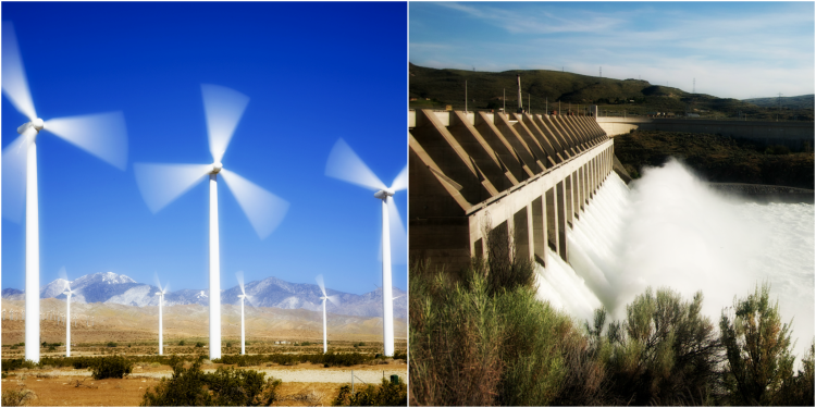 collage of wind farm and hydro plant