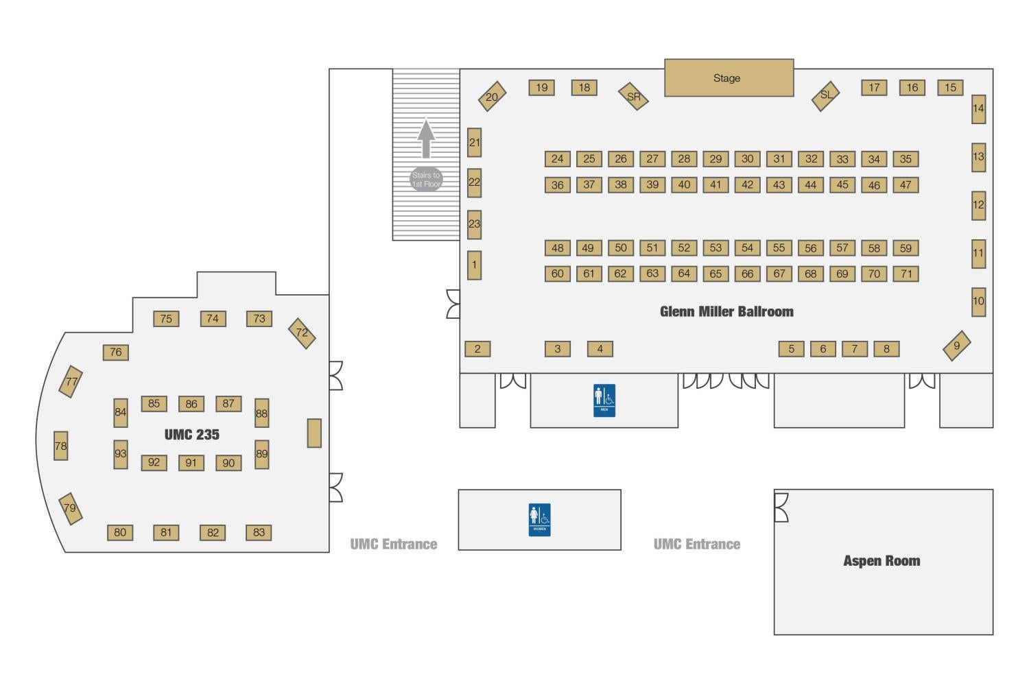 map of the UMC ballroom and room 235 with table locations