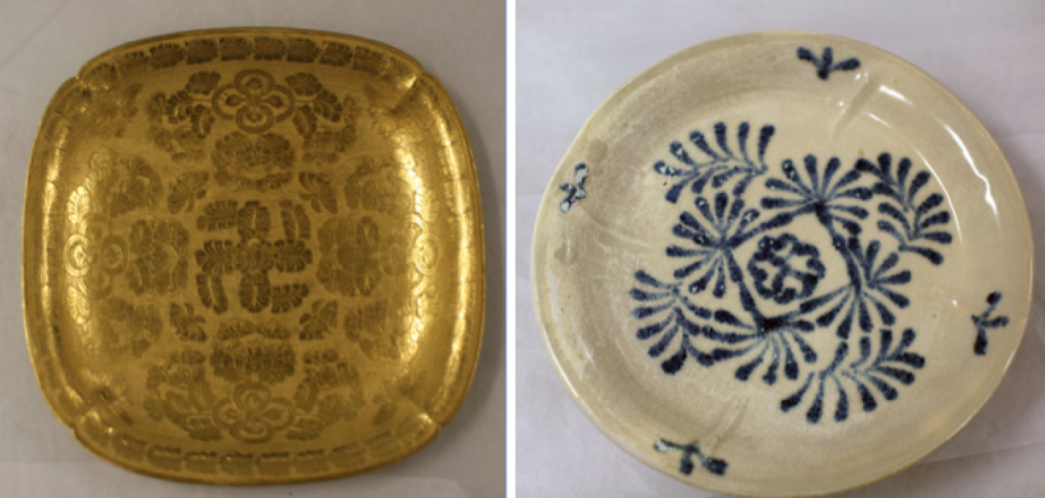 Gold item and early blue and white porcelain found at the Belitung Shipwreck