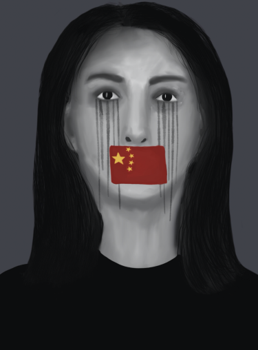 drawing on woman with Chinese flag covering mouth