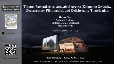 poster with Tibetan people watching a movie from inside a tent
