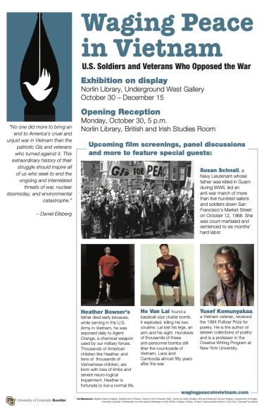 Waging Peace Exhibit Flyer with images of protest and a dove