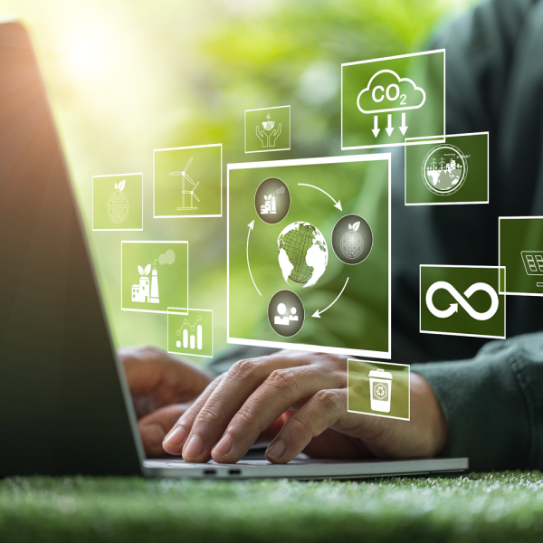 Hands at computer with green in the background representing sustainable computing