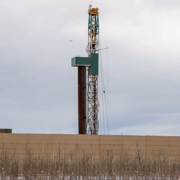 An oil and gas drilling rig at Chevron’s Edmonson pad Feb. 7, 2024, in unincorporated Adams County. (Andy Colwell, Special to The Colorado Sun)