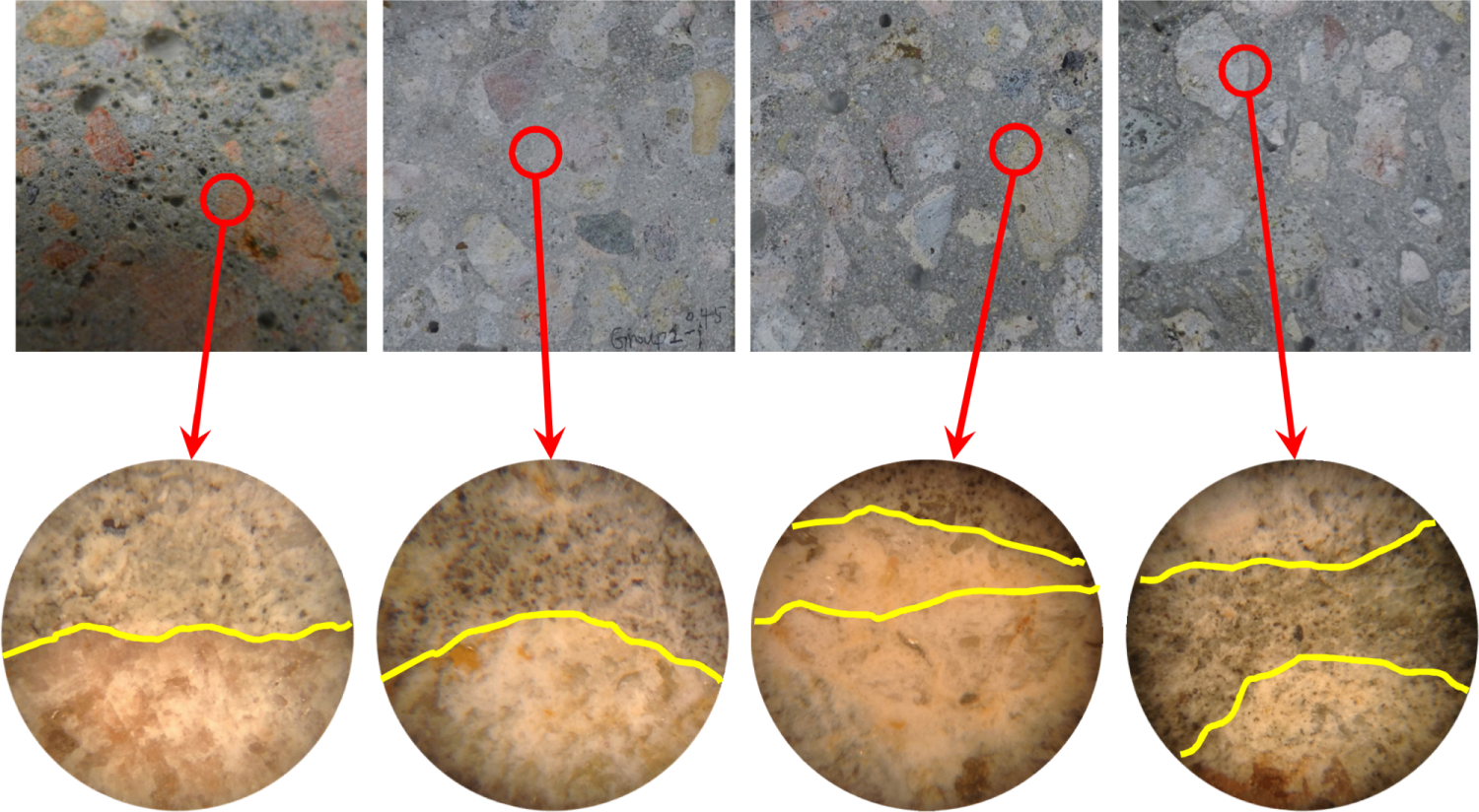Micrographic images of recycled aggregate concrete samples.