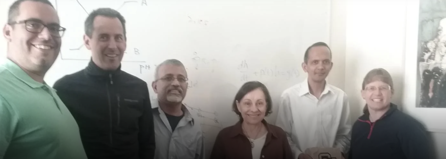 The CU Boulder Water Group at Hari Rajaram's 2018 going-away party. From left to right, Joseph Kasprzyk, John Crimaldi, Rajagopalan Balaji, Edie Zagona, Hari Rajaram and Roseanna Neupauer.
