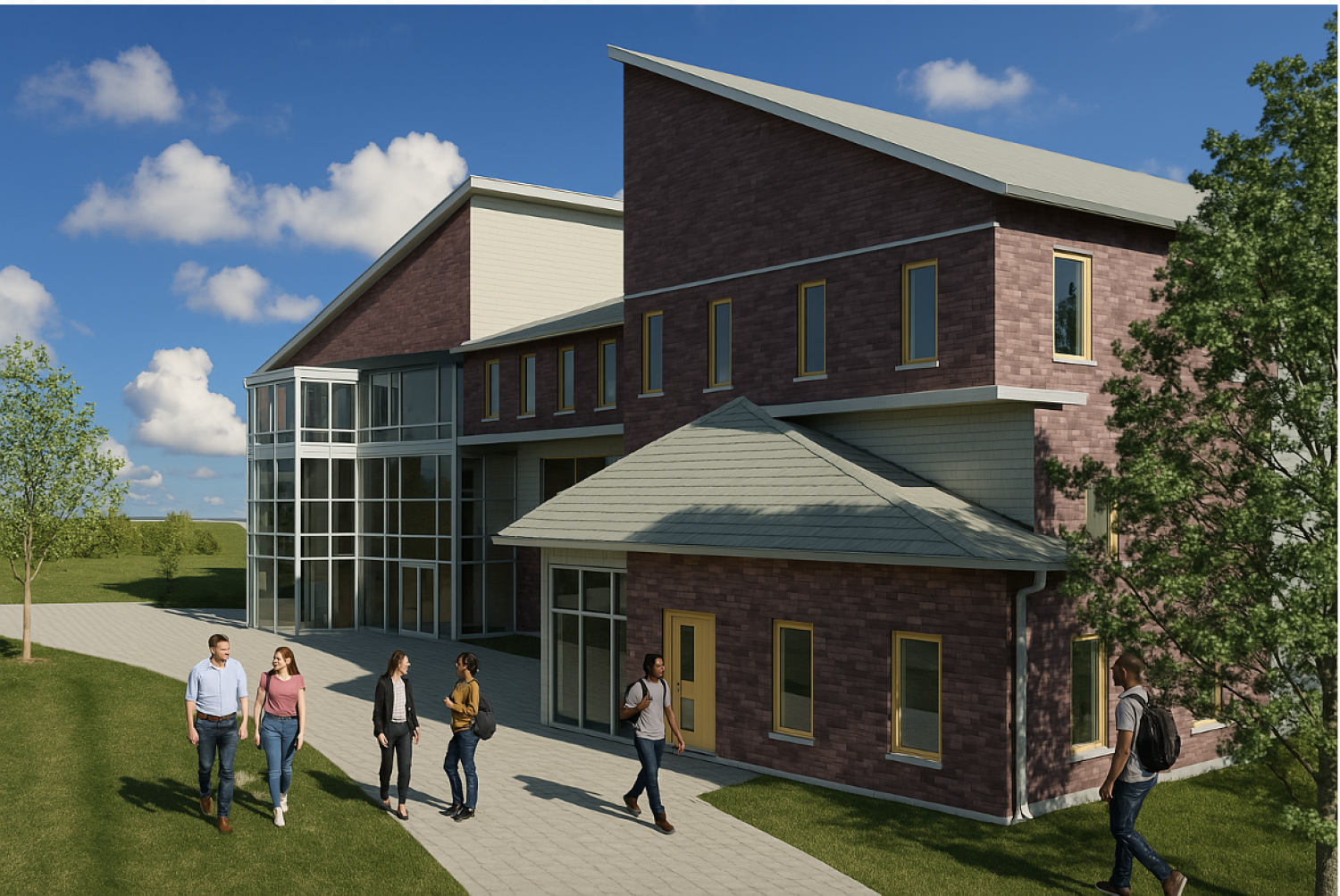 Rendering of a modern two-story building with a mix of red brick and light siding. The structure features a prominent glass entryway and multiple rectangular windows. Several students are walking and talking on a paved pathway surrounded by green grass, trees, and a blue sky with scattered clouds.