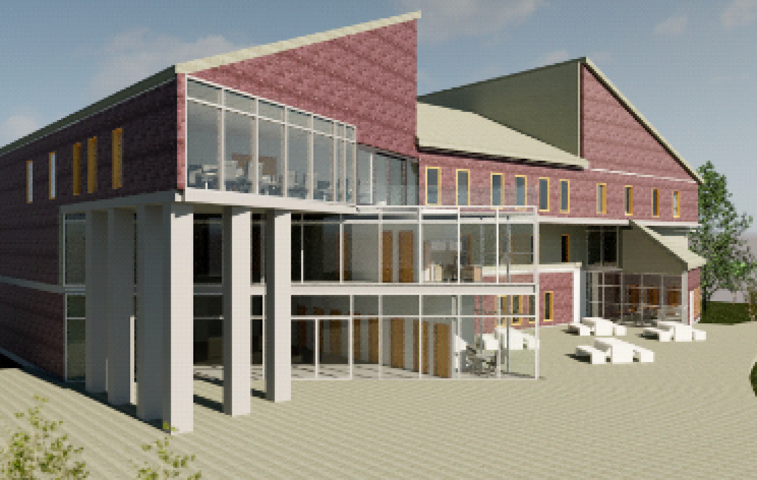 Building that has two triangular areas at the top and a lots of windows on the upper floor.