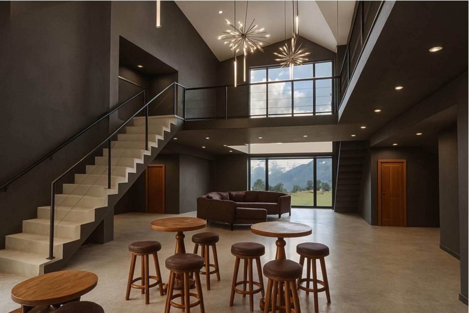 Rendering of an inside space with round tables, stools and couches downstairs and a stairway going up. Large windows in the background frame the Flatirons.