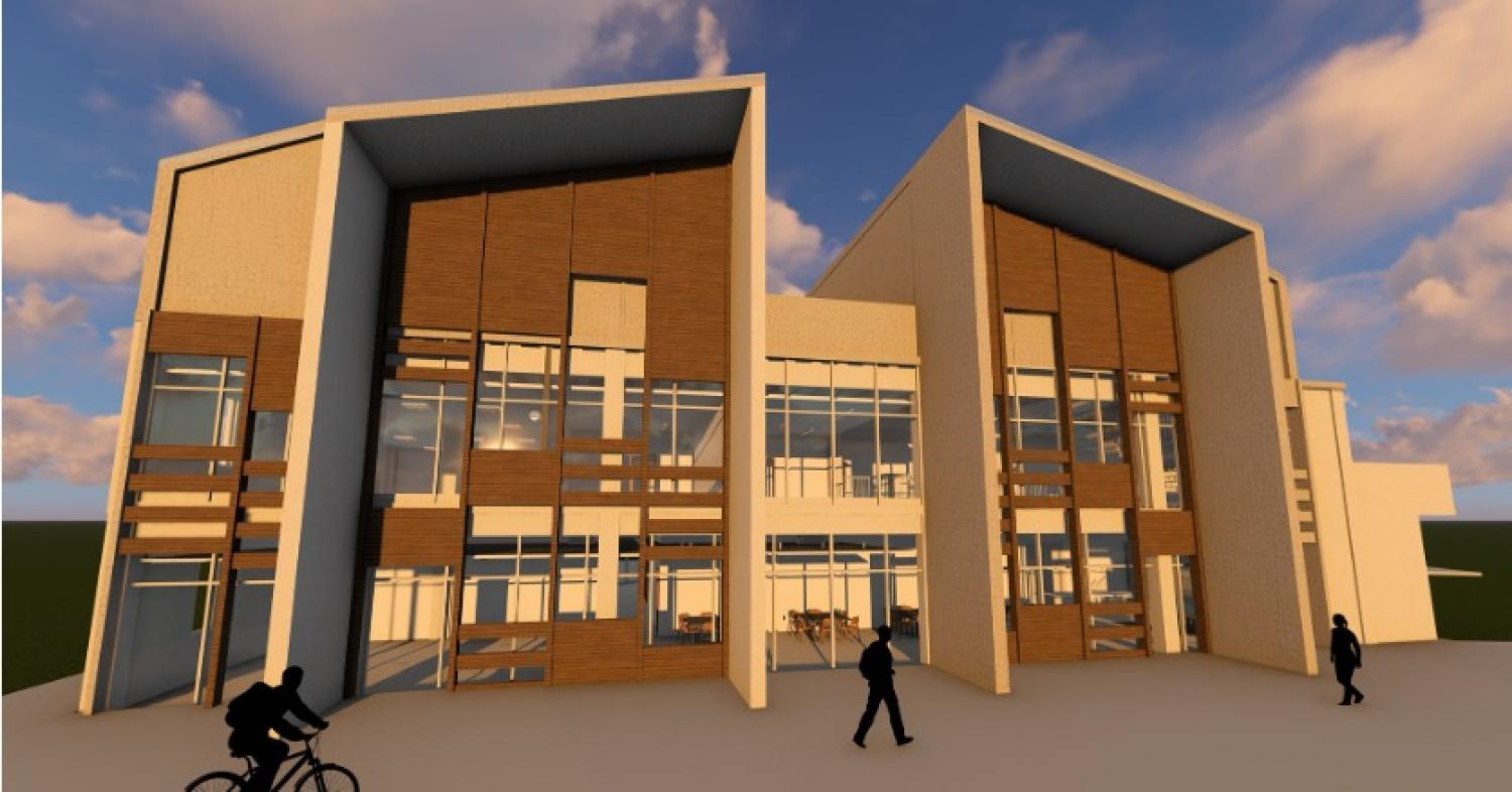 rchitectural rendering of a modern building with a tall, angular facade featuring large glass windows, vertical wooden paneling, and two prominent sloped roof sections. The building is set against a partly cloudy sky with warm lighting, and several silhouetted figures are walking or biking in the foreground.
