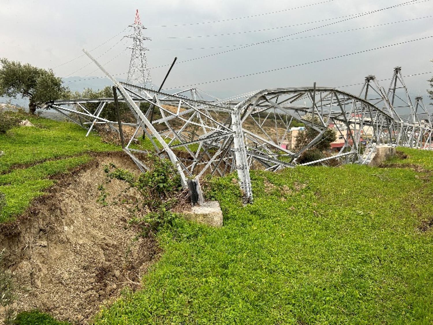 Collapsed power transmission tower in Hatay, Turkey.