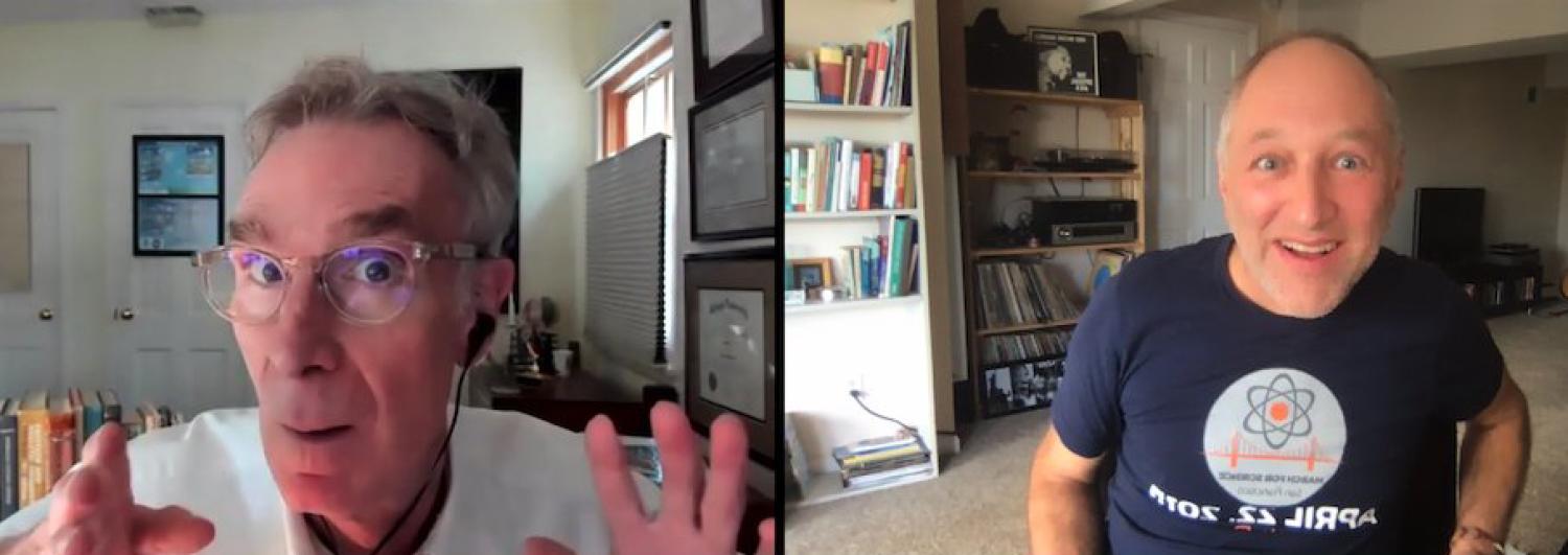 A screenshot of Karl and Bill Nye talking on Zoom.