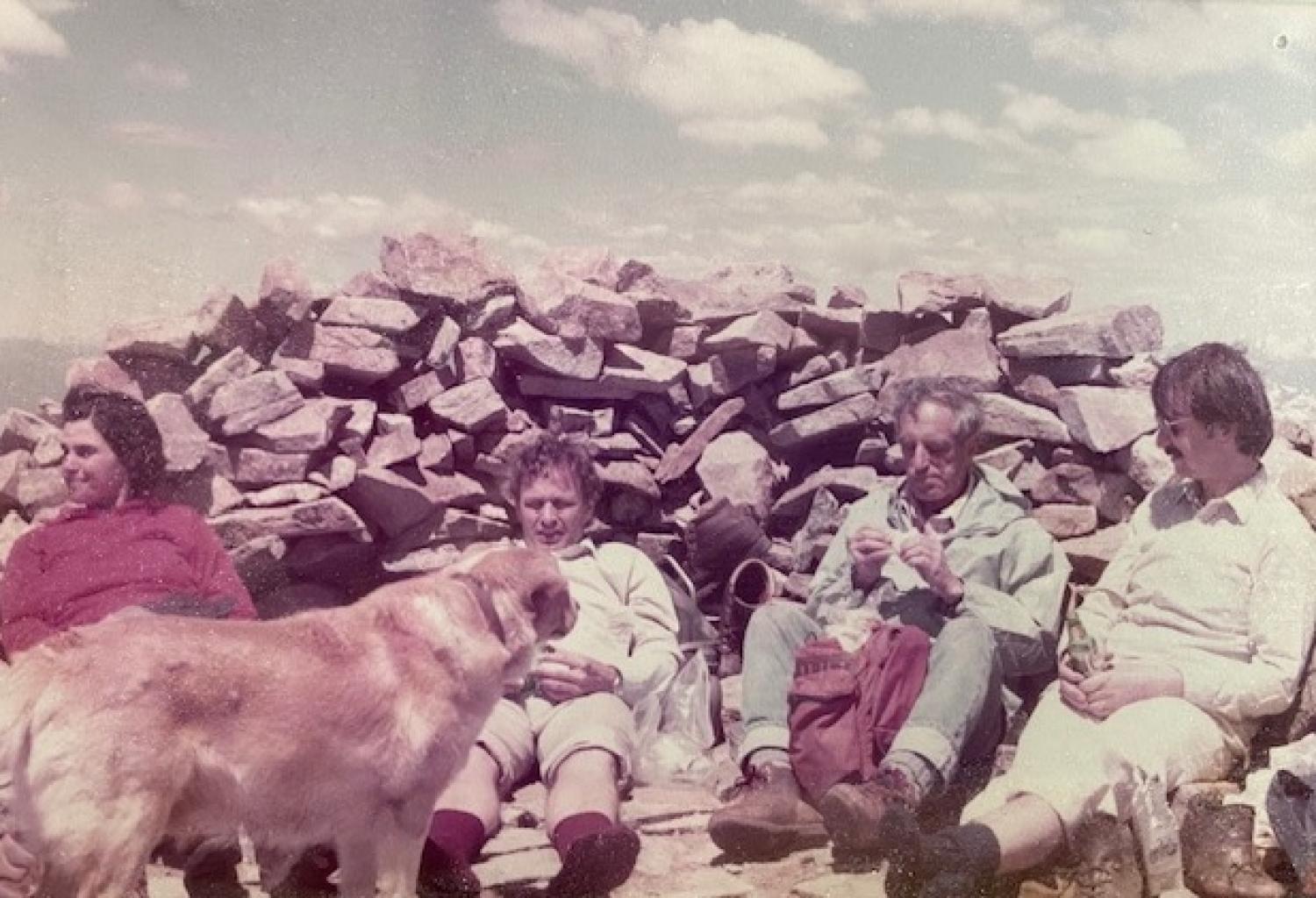 Kaspar Willam, Kurt Gerstle, Stein Sture and JoAnn Silverstein rest on top of Mount Audubon, in Colorado in Sept., 1984.