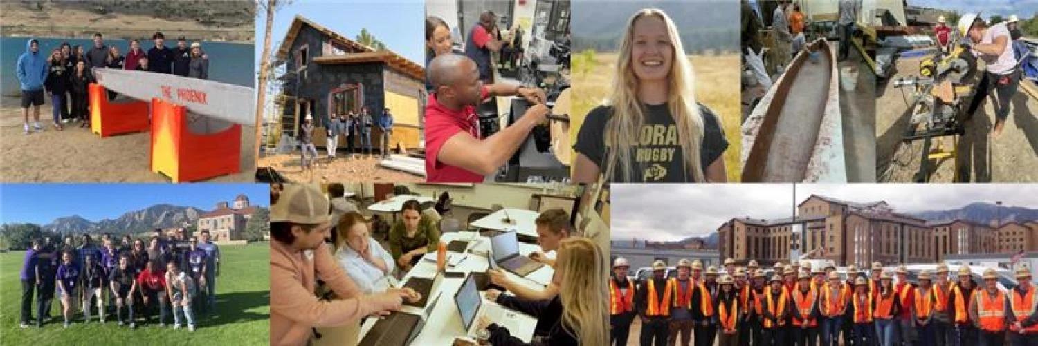 A collage featuring various activities and groups within the Civil, Environmental, and Architectural Engineering (CEAE) department at CU Boulder. Images include students engaging in hands-on projects, such as construction and engineering work, group outdoor activities, classroom learning, and a group of students wearing safety vests and hard hats at a construction site. The backdrop includes scenic views of the CU Boulder campus and surrounding mountains.