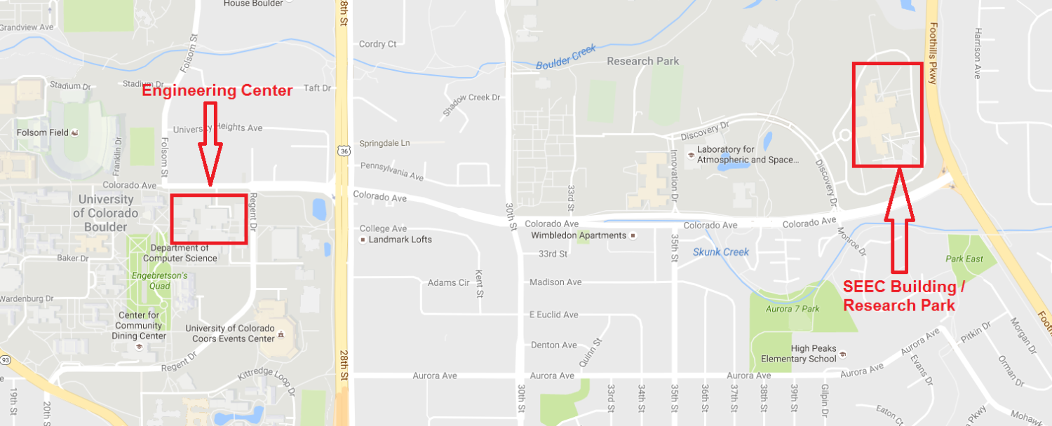 A map with arrows pointing to the Engineering Center and SEEC building.