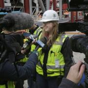 Ellen Becker, a project engineer with Mortenson Construction, the construction manager for the arena project, talks to the media in early May as the first roof truss of the future Milwaukee Bucks arena are installed. (Photo: Mike De Sisti, Milwaukee Journal Sentinel)