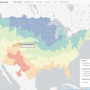 A screenshot of the S2S Climate Outlooks for Watersheds website shows forecasted temperature anomalies for watersheds across the contiguous United States.
