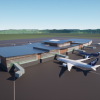 A graphic of a plane near an airport terminal