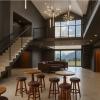 Rendering of an inside space with round tables, stools and couches downstairs and a stairway going up. Large windows in the background frame the Flatirons.