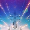 llustration of power lines and transmission towers against a colorful night sky, with bright lines of light representing electricity and data flowing through the grid.