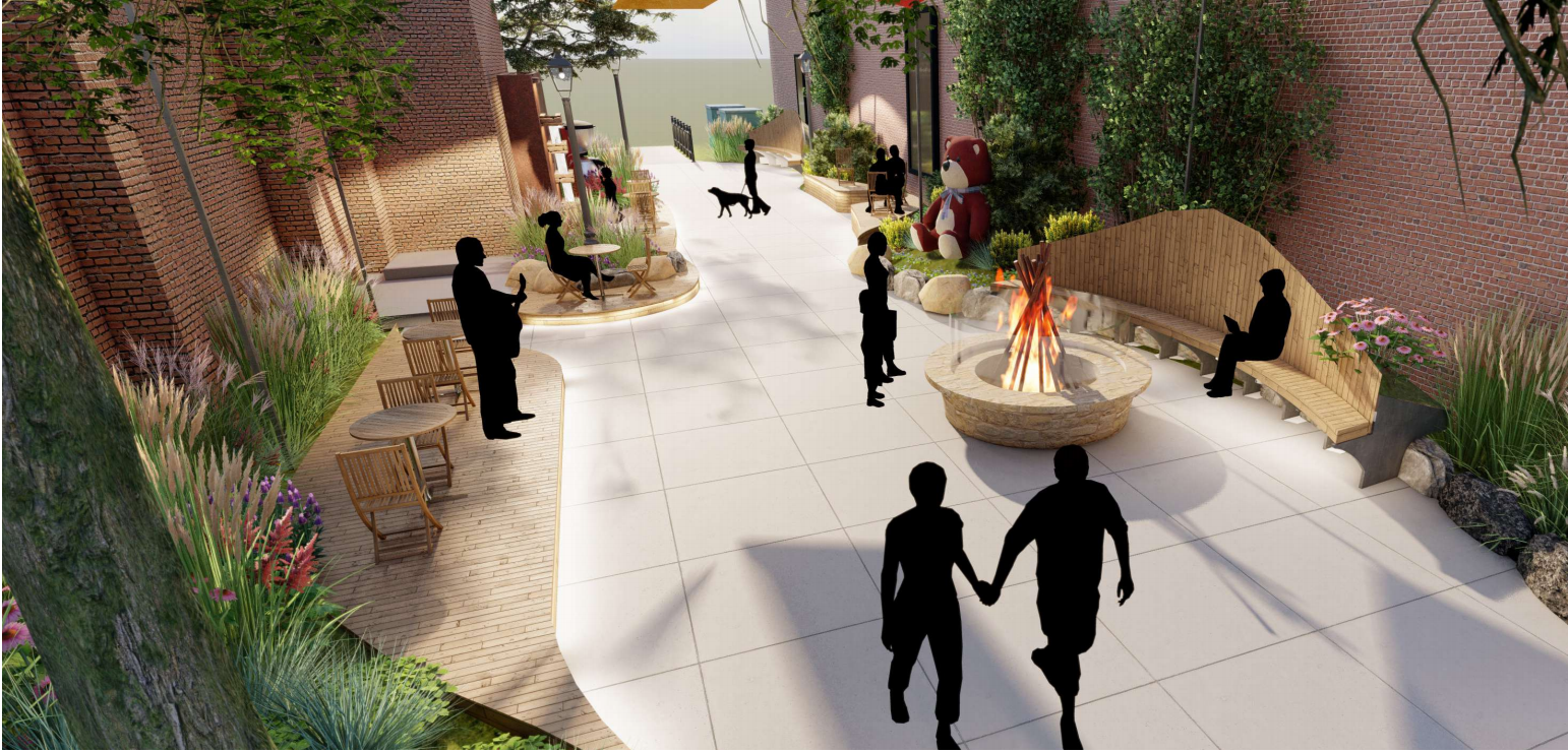 Students' redesign of St. Stephens plaza features a fire pit and seating areas along the sides of the plaza.