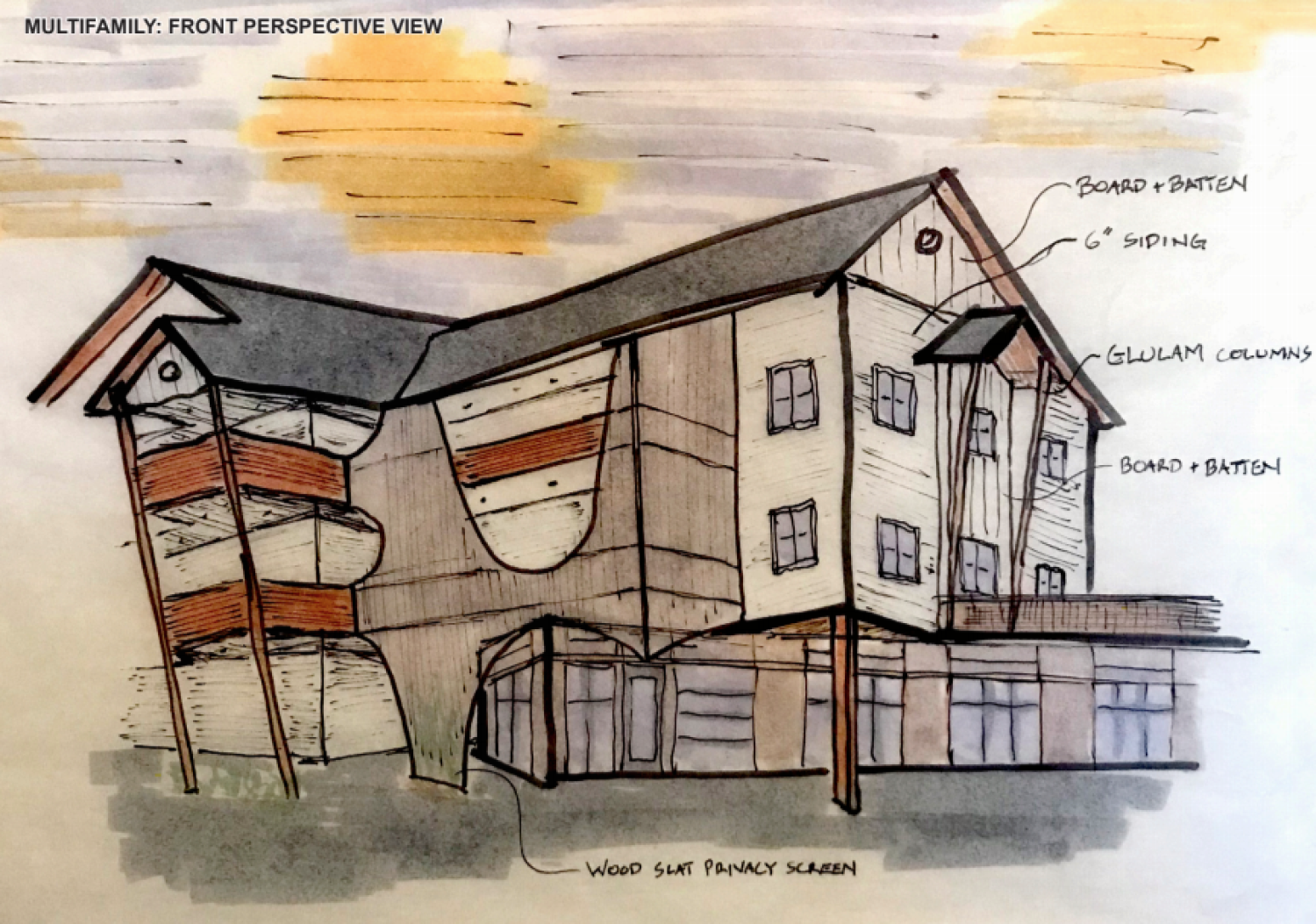 Multifamily front perspective view.