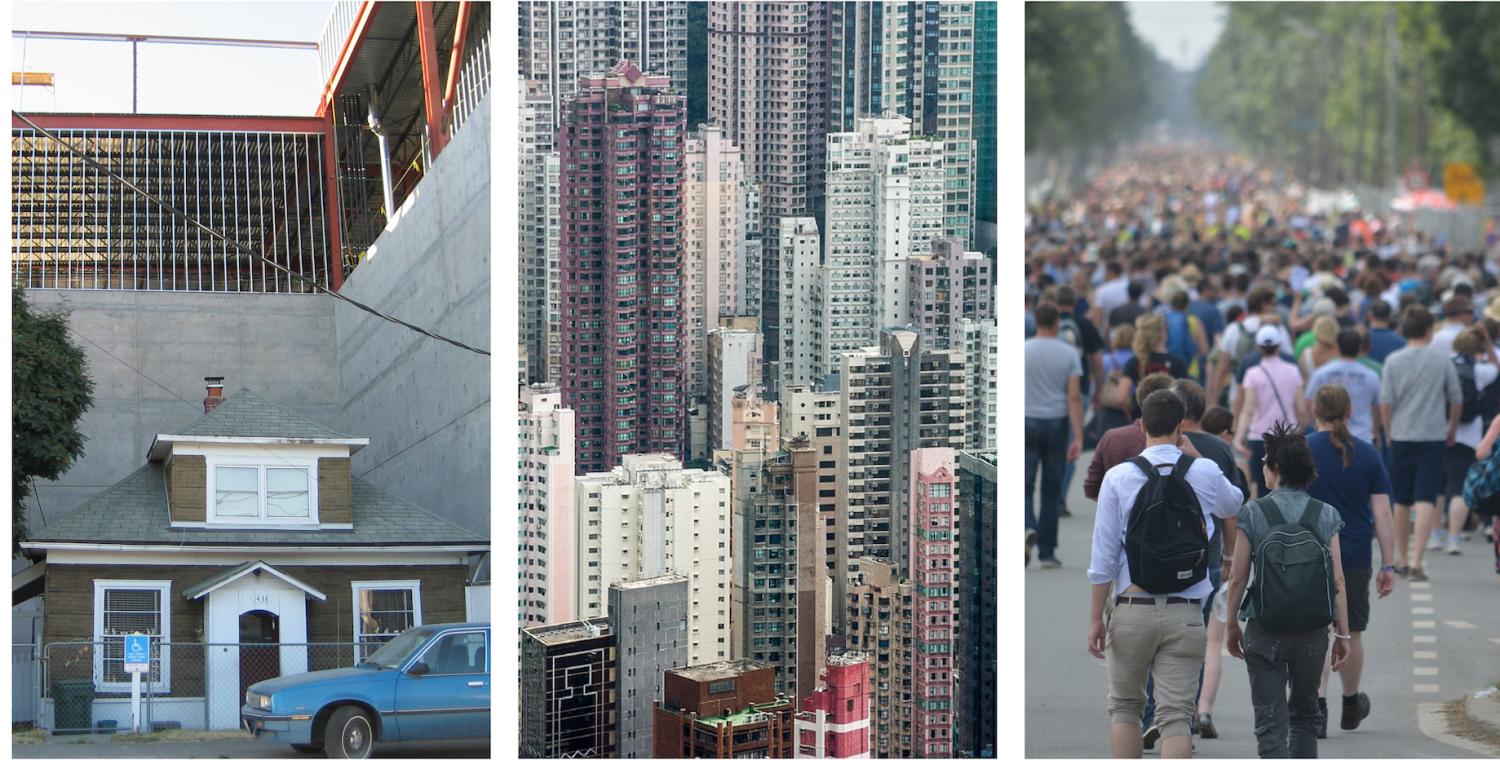Triptych of home surrounded by city, downtown Shanghai and crowd of people walking away from camera.
