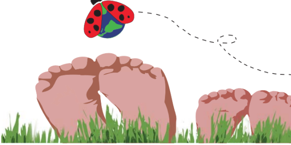 Srawing of a ladybug flying around a person's feet.