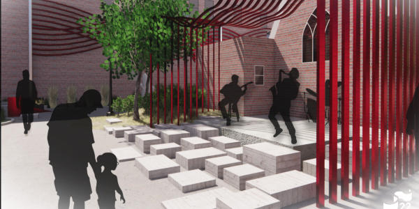 Metal rods painted red form a ribbon in students' rendering of adding functional art to St. Stephe's Plaza in Longmont