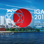 Japanese city with logos on front, part of the IGARSS 2019 in Yokohama, Japan website