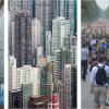Three photos showing a house engulfed by buildings, tall buildings in a city and the backs of a crowd of people walking in a city.