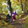 Two children walking in the woods