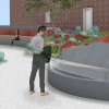 Man looks at seating area and woman in the background sits in an area that looks like layers of geologic rock, providing a passive educational experience.