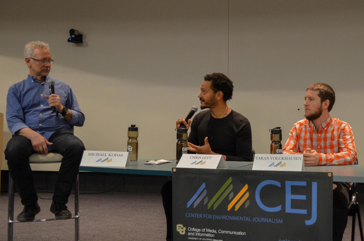 From left, panel moderator and CEJ Deputy Director Michael Kodas, Scripps fellow and Mongabay reporter Chris Lett and Mongabay reporter Taran Volckhausen