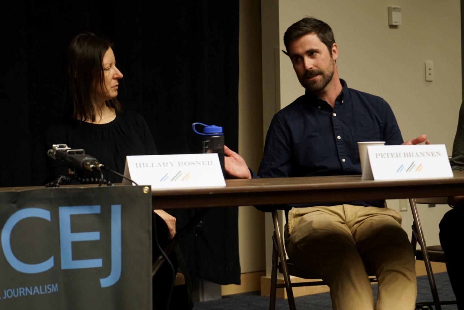 Fellows Hillary Rosner and Peter Brannen at the panel discussion, Journalism in an Age of Distraction. Photo by Tom Yulsman