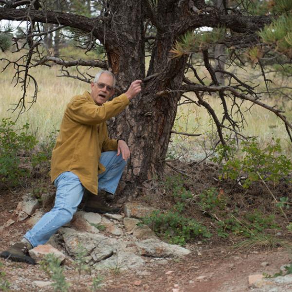 A scientist leans against a tree to discuss his work with students