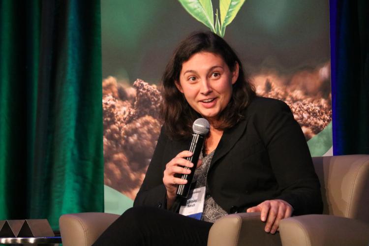 Lindsey Fendt speaks on a small panel after winning the award for Outstanding Investigative Reporting, Small Market. Photo by Kelsey Simpkins