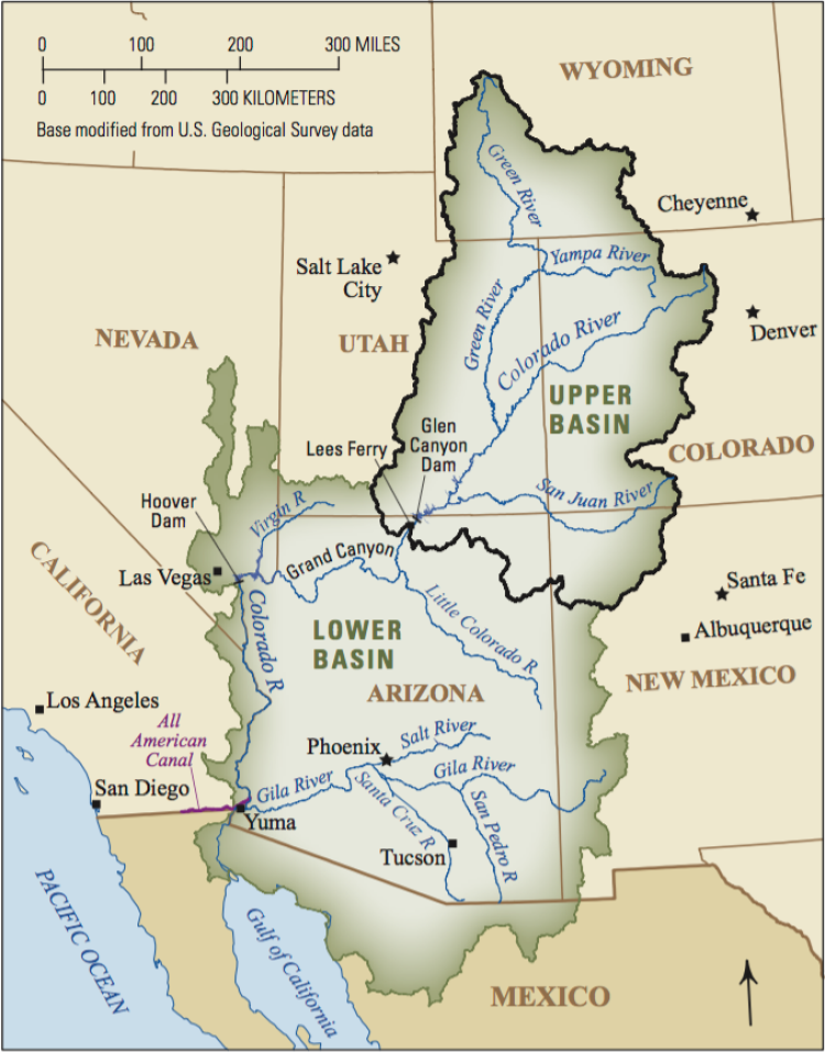 People in seven states and Mexico depend on water from the upper and lower basins of the Colorado River Basin. (Credit: USGS)