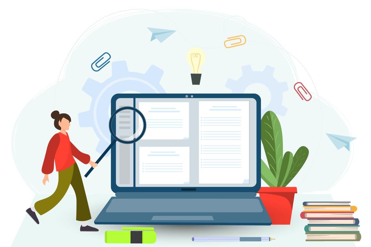 Young person holding magnifying glass and examining document at the screen of laptop, student searching information in the Internet, business analysis, audit, research concept