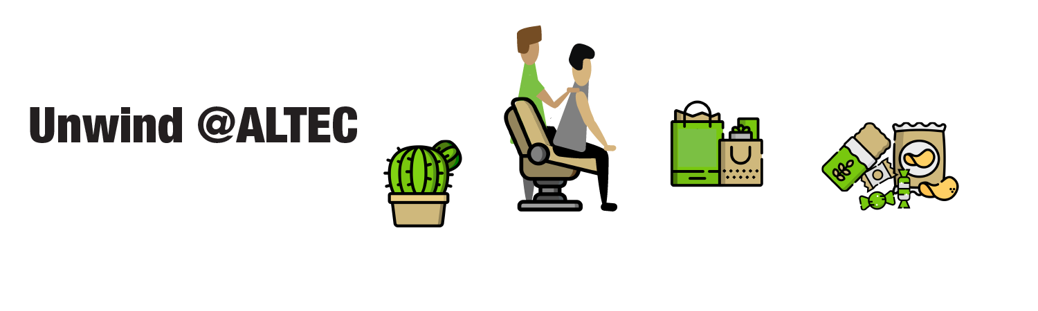 Black text reading "Unwind @ALTEC" next to green cactus in gold plant, standing avatar providing chair massage to another in gold chair, green and gold goodie bags, and assorted snacks
