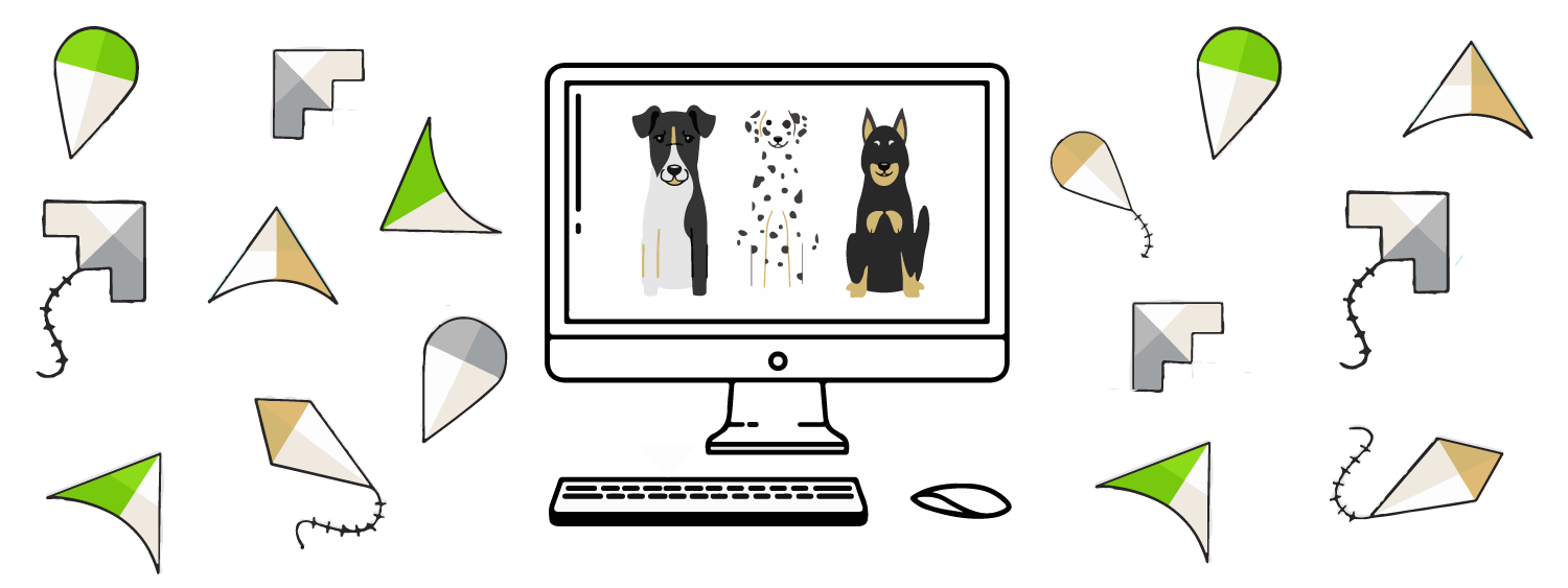 graphic banner depicting a computer screen with graphics of dogs