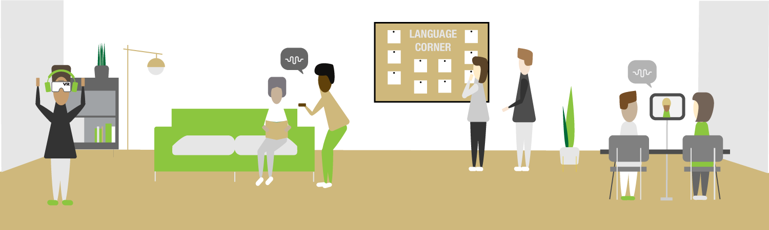Avatars using virtual reality reading a book talking and visiting the language corner