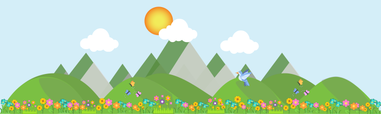 graphic of mountains, sun, flowers and bird