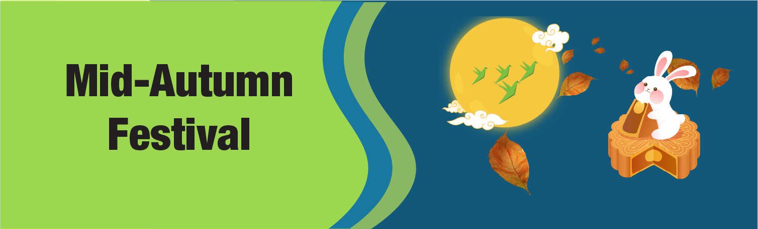Black text reading "Mid-Autumn Festival" on green background next to deep blue background with green paper cranes flying across a yellow moon with white cloud swirls, falling autumn leaves, and white bunny eating gold mooncake
