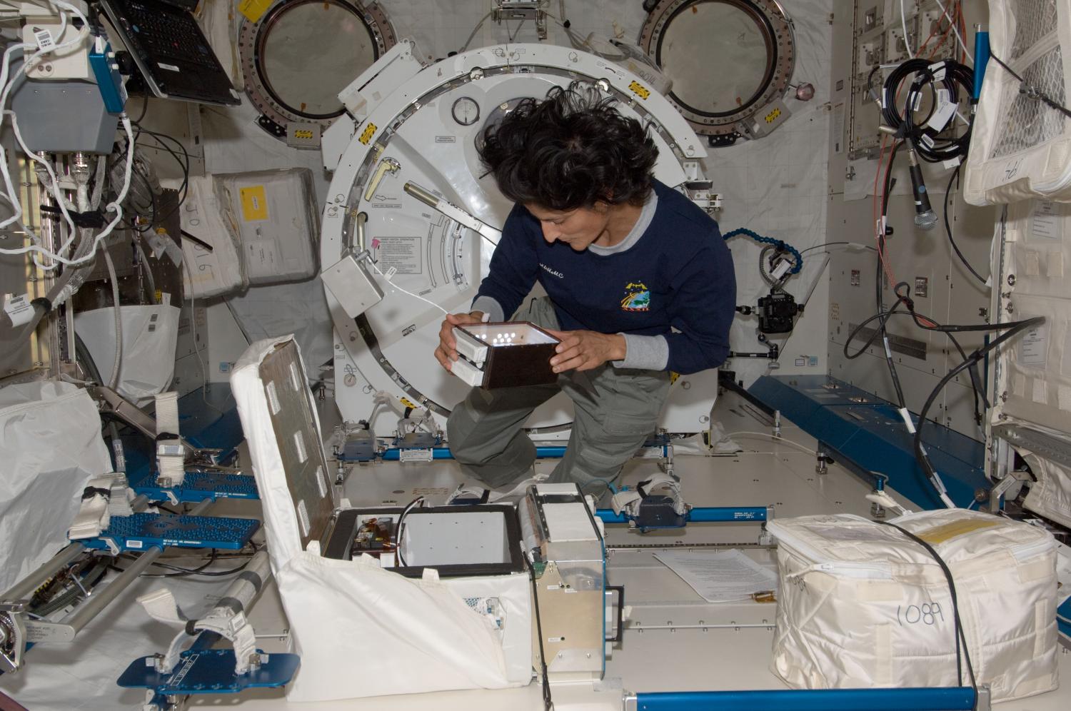 NASA astronaut Sunita Williams manipulating CGBA hardware during the YouTube Space Lab experiment