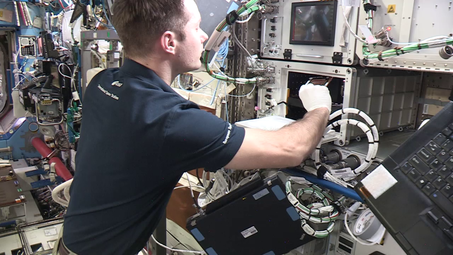 ESA astronaut Thomas Pesquet inserting a BioCell into SABL during the OsteoOmics experiment